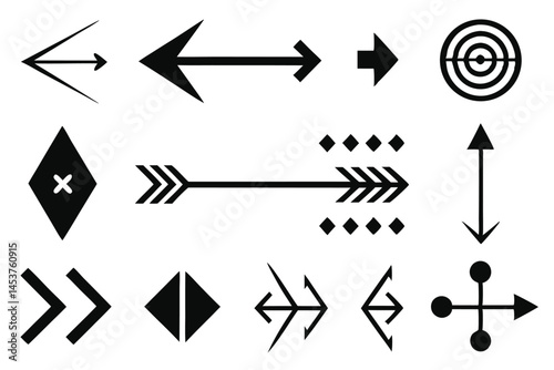 Diverse collection of minimalist black arrows and direction indicators offers varied navigational symbol options on transparent background