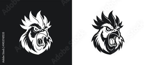 Furious roaring rooster head illustration depicting aggression and strength in black and white
