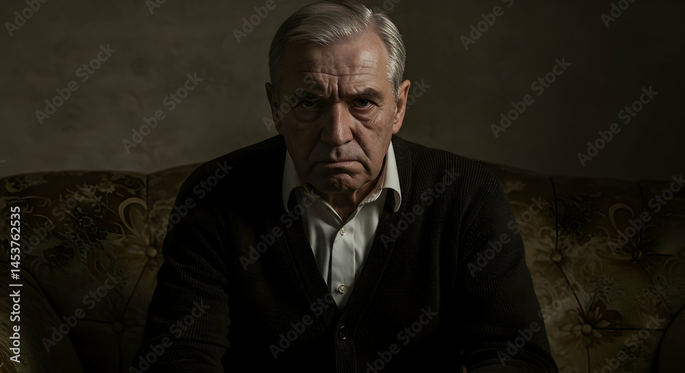 Fototapeta premium Portrait of a serious senior man sitting on a sofa looking directly at the camera with a thoughtful expression