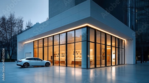 Modern glass building with a parked white car outside, illuminated warmly in an urban cityscape at dusk.