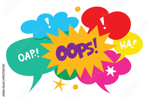 Fun colorful cartoon speech bubbles featuring playful interjections create a dynamic pop art with transparency