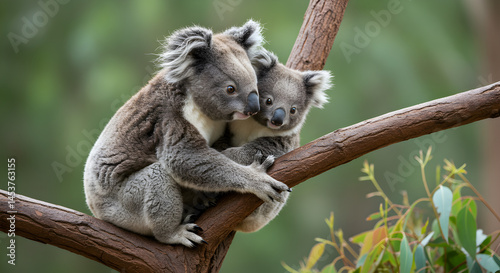 Tender Embrace Of Koala Mother And Baby On Eucalyptus Branch Under Bright Lighting Perfect For Decoration And Koala Day Design