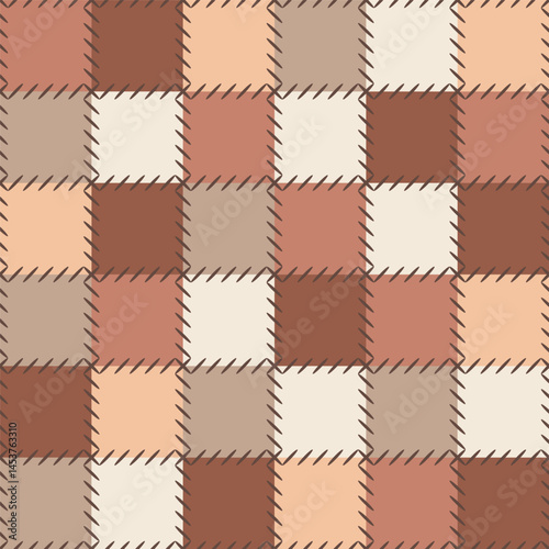 Beige seamless patchwork pattern of square quilt tiles, rustic fabric texture ideal for wrapping paper, textiles, crafts or wall background