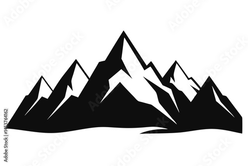 Majestic black mountains form a jagged, snowy peak against a white transparent background