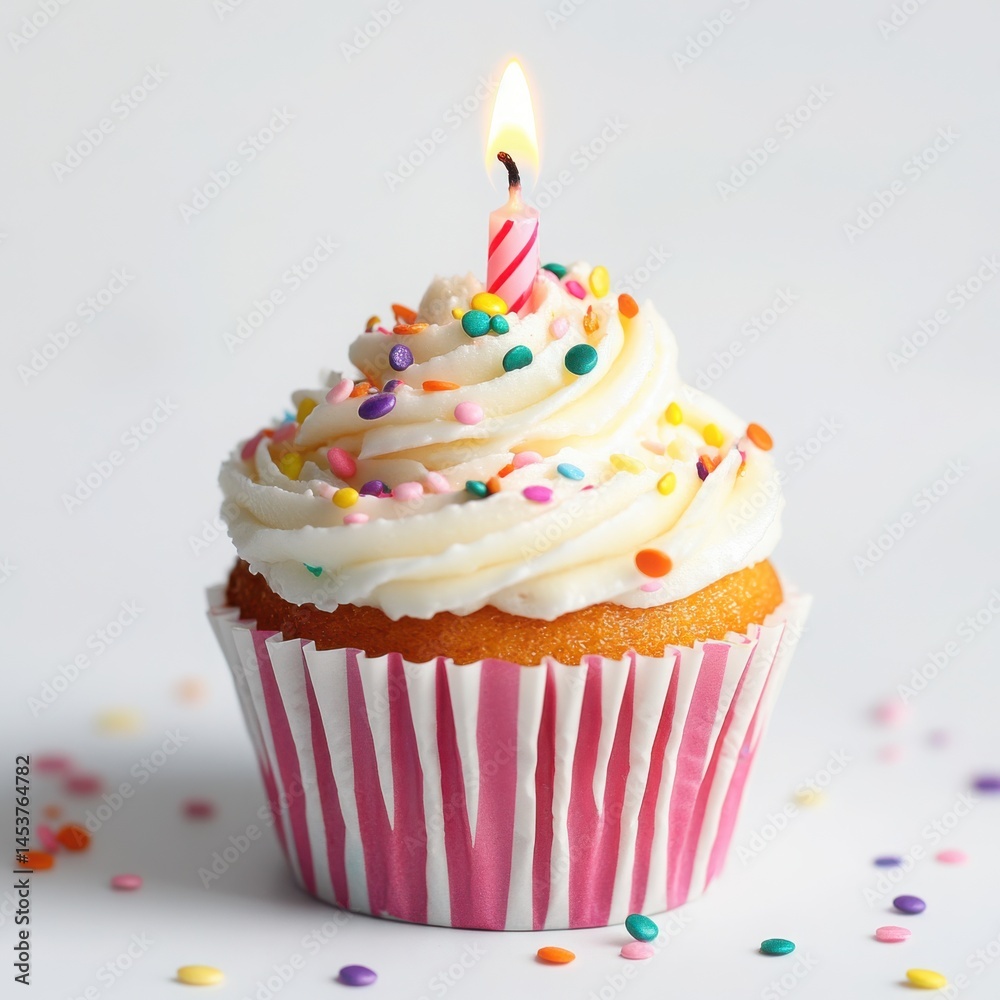 Cupcake with a candle on a white background Cupcake with a candle on a white background
