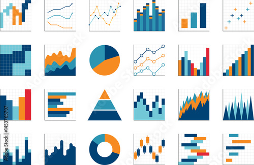Business graphs and charts icons. Business infographics icons. Colorful graphs, diagrams, schemes, money, down or up arrow, economy reduction. Financial chart