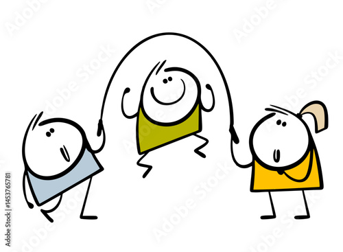 Cartoon group of children are playing on the playground. Vector illustration of a girl twirling a rope, a boy jumping high. A wonderful game for schoolchildren.