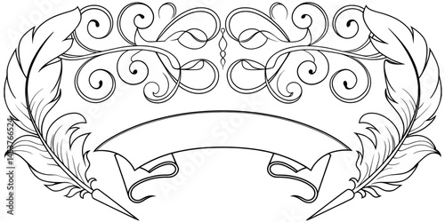 Ornate Feather and Scroll Design with Blank Banner