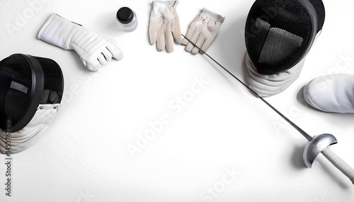 Flat lay of fencing equipment on white floor: mask, foil, gloves, shoes, and water bottle arranged neatly with empty space for text. Clean, modern, and mockup-ready.

