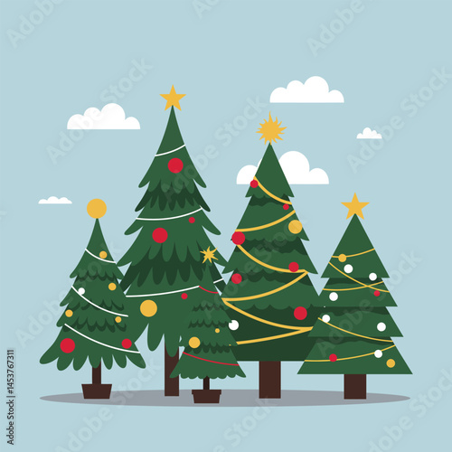 Christmas and New Year Magical green tree with so many holiday decorations isolated on white  background. Can be used easily for celebration cards or banner designs or for any other use.