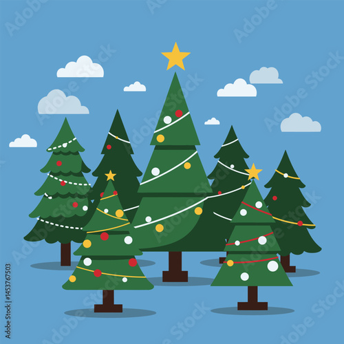 Christmas and New Year Magical green tree with so many holiday decorations isolated on white  background. Can be used easily for celebration cards or banner designs or for any other use.