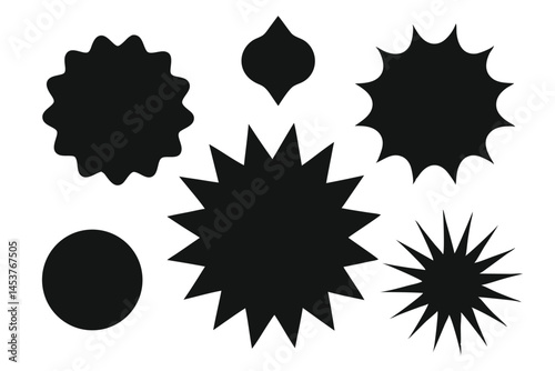 Several different shapes like spiky starbursts and rounded blobs are arranged on white