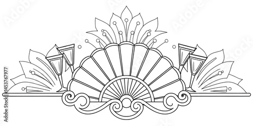 Elegant Black and White Art Deco Design with Champagne Flutes and Fan