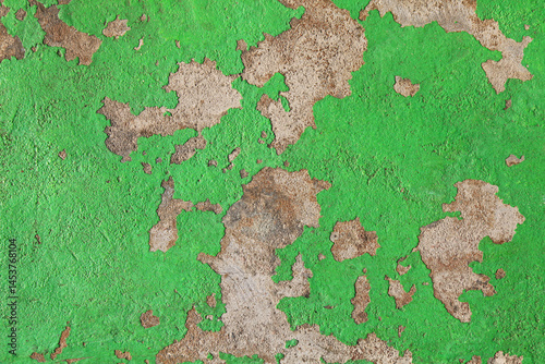Green concrete wall with old shabby coating. Smooth stone floor with remains of old paint. Grained concrete floor with green peeling paint. Spotted background, texture. Surface with greenish tint