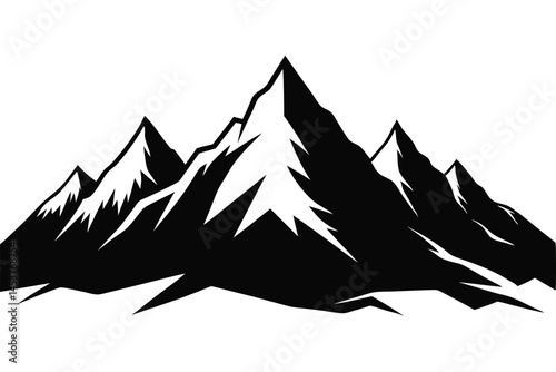 Snowy mountain peaks rise majestically in a monochrome, striking landscape illustration with a transparent background