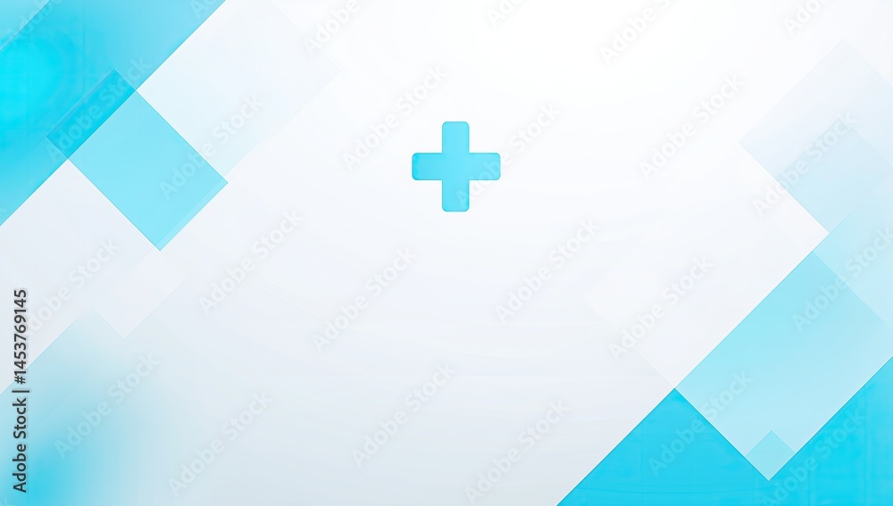 Obraz premium Abstract vector design featuring geometric shapes in white and light blue with a medical cross, perfect for healthcare branding, clinic marketing, and professionalism in the medical field.