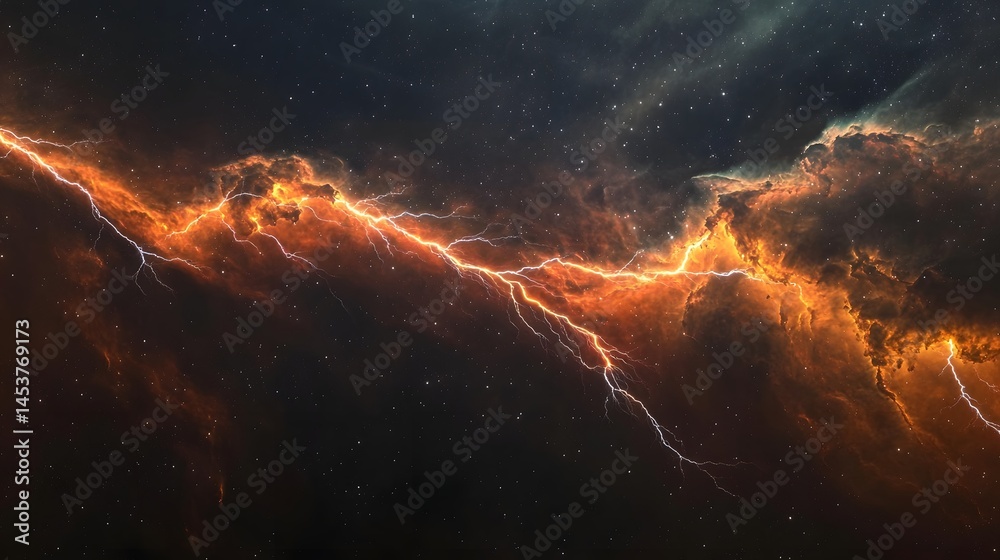 Obraz premium Abstract cosmic storm of fiery lightning.