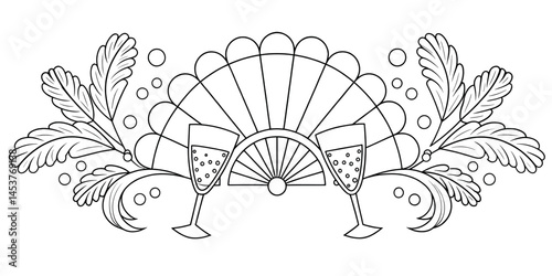 A stylized, black and white graphic featuring two champagne flutes positioned centrally, balanced by a decorative fan.