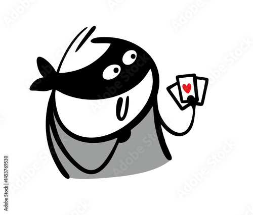 Doodle cheater and a crook in a black mask holds a deck of cards with an ace. Vector illustration of a cartoon bandit cheating and robbing stupid players. Gambling, a bad habit.