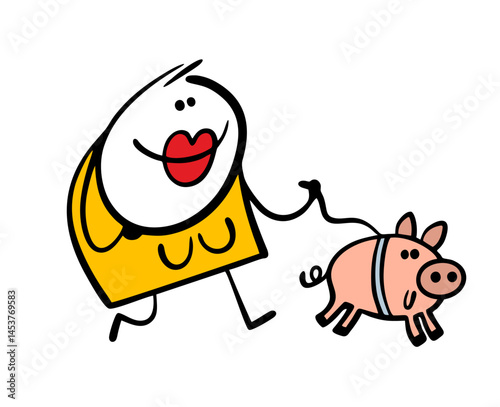 Rich, fashionable, stylish woman walks down the street with her pet on a leash. Vector illustration of a girl with bright makeup and a domestic pig breed. Cute minipig.
