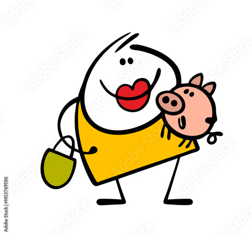 Celebrity, a star shows off his pet. Vector illustration of a female actress and a mini pig in her arms. A shopping trip with a bag and an animal.