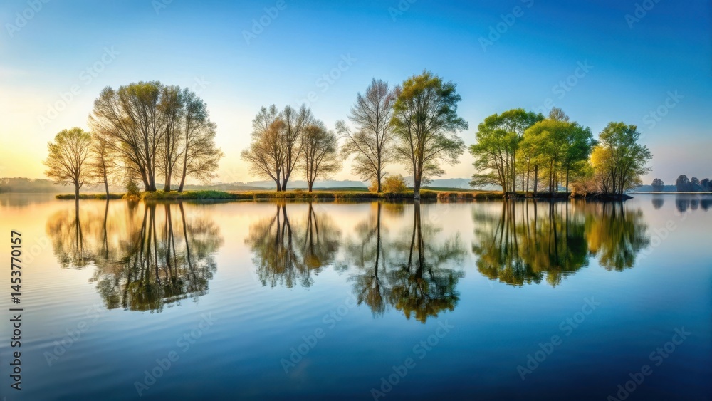 Obraz premium serene lake surface with tree silhouettes reflected, landscape, stillness, landscape, stillness, water, calmness, reflection