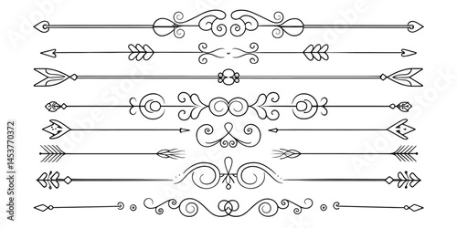 This image features a collection of decorative arrow and flourish dividers in a simple, elegant black and white style.