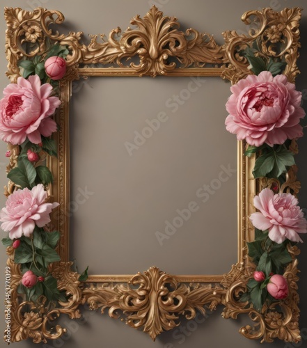 Elegant baroque frame with scrolling acanthus leaves and stylized rose & peony blossoms , antique, scroll, wallpaper