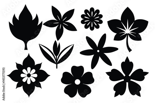 Various black silhouette floral and leaf shapes are arranged on a white backdrop, which is transparent
