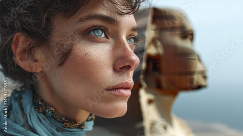 Contemplative woman at the sphinx egypt portrait desert close-up mystique