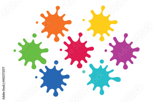 Various vibrant colorful paint splatters create an eyecatching and dynamic arrangement on a white surface