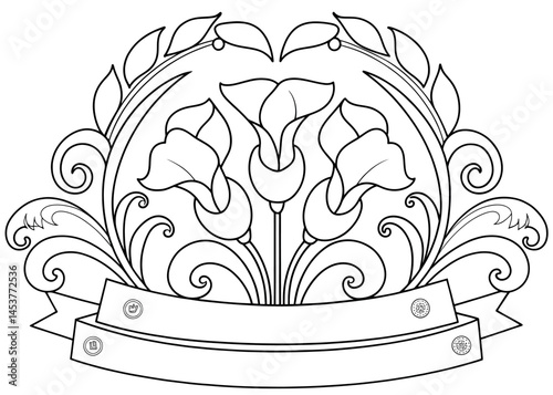 This black and white line art showcases a decorative floral design featuring stylized calla lilies and elaborate swirling leaf patterns, all set within a circular frame.