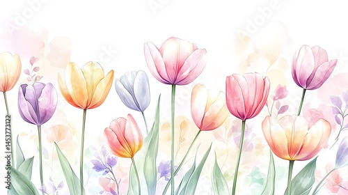 Floral watercolor style tulips botanical garden art print bright environment close-up view