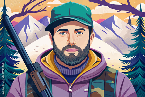 Hunter man stealthily moving through swamp during hunting season, wearing camouflage gear in wetland environment. Ideal for outdoor adventure, wildlife tracking, and tactical survival design themes