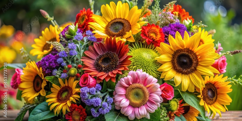 Vibrant bouquet of various colorful flowers in full bloom with lush greenery and natural textures, colorful, sunflowers Vibrant bouquet of various colorful flowers in full bloom with lush greenery and natural textures, colorful, sunflowers