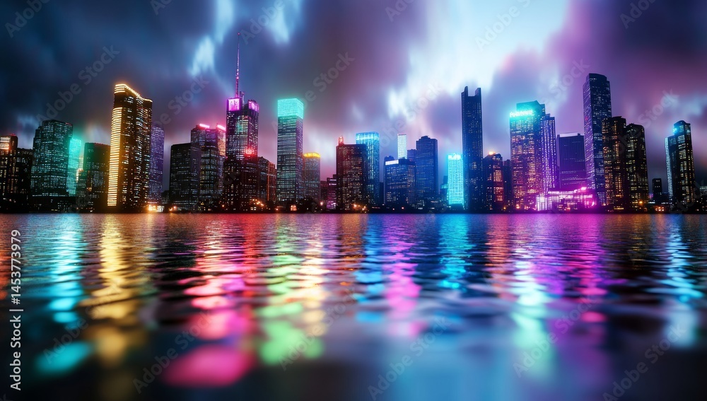 Fototapeta premium 3D City Skyline with Colorful Light Reflections
