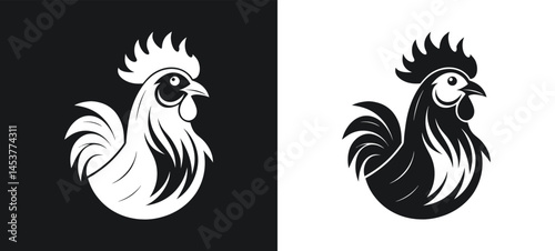 Stylized rooster illustration in black and white with modern and minimalist design