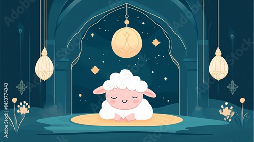 Happy Cartoon Sheep Joyfully Positioned Under a Decorative Eid al Adha Banner Made with Generative AI Technology