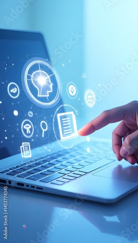 Modern digital illustration of educational technology and AI concepts with user interaction—ideal for tech startups, e-learning platforms, and training apps