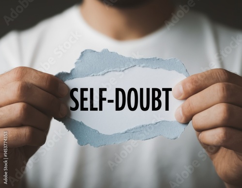Overcoming self doubt concept man holding torn paper with self doubt message and mental health support mental health