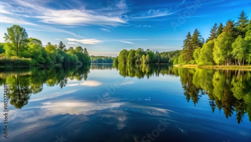 A serene and peaceful lake with a clear water ripple on its surface, reflecting the surrounding trees and sky in perfect symmetry, tranquility, serene landscape