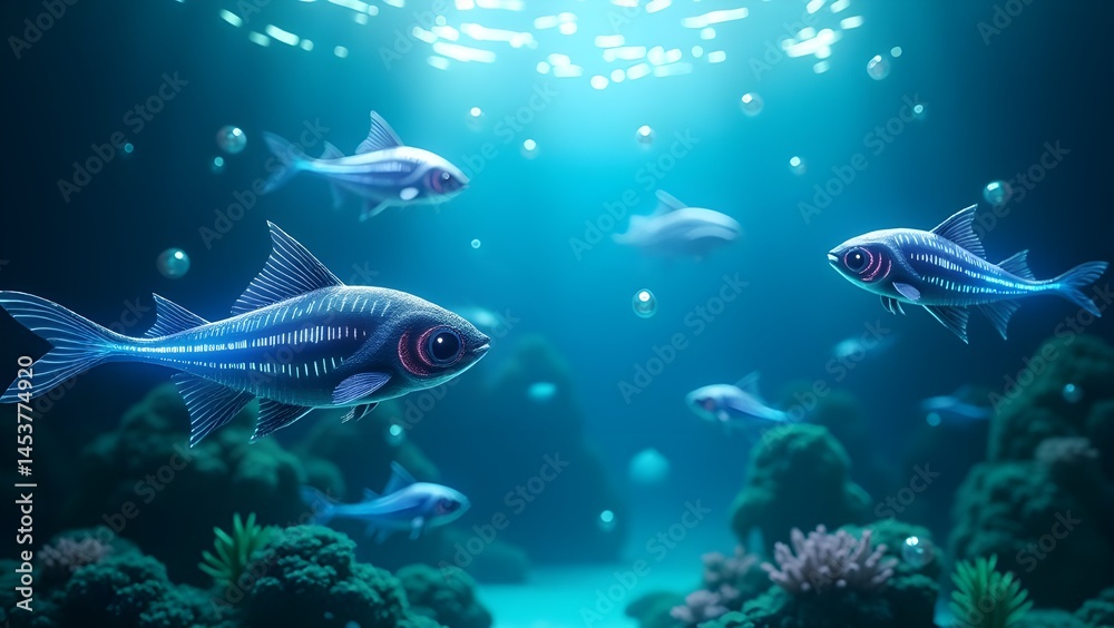 Fototapeta premium Digital Ocean with Data Fish Swimming in a Virtual Reality Aquarium