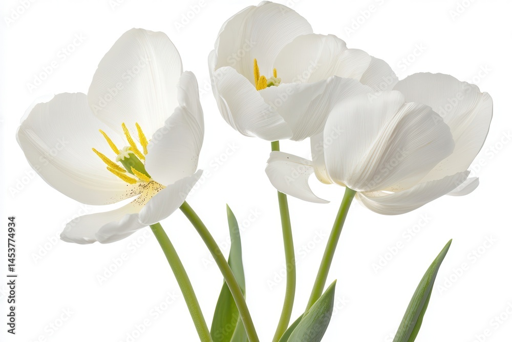 Elegant white tulips in full bloom, showcasing delicate petals and vibrant green stems Elegant white tulips in full bloom, showcasing delicate petals and vibrant green stems