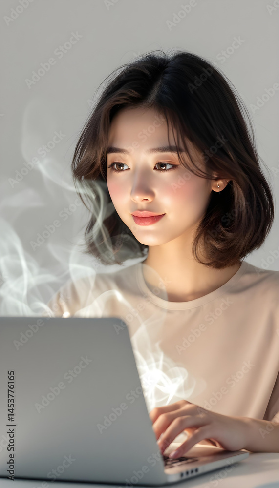 ファンタジーストーリー(パソコンでインターネットの世界とつながり、クリエイティブな活動に没頭する女性) ファンタジーストーリー(パソコンでインターネットの世界とつながり、クリエイティブな活動に没頭する女性)
