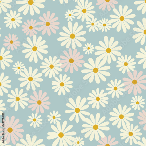 Daisy flower seamless pattern on blue background. Ditsy floral print with tiny chamomile great for fashion fabric, home decor textile and wallpaper. Vector