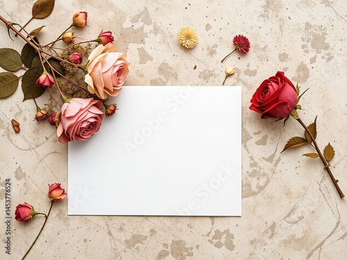 Blank Card with Dried Roses and Envelope Mockup