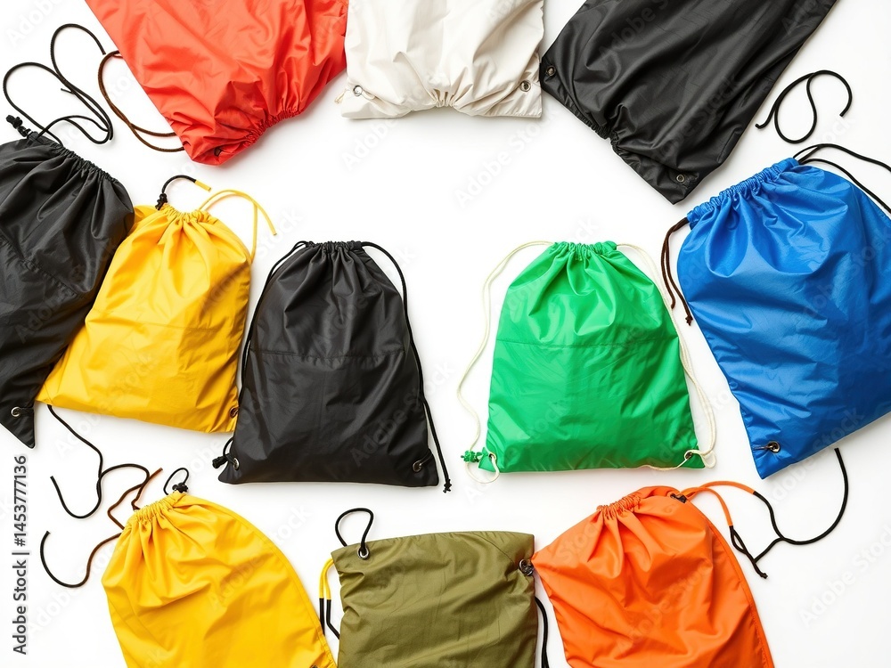Colorful Sports Drawstring Bags Isolated on White Background