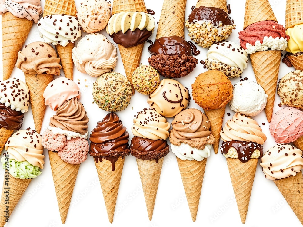 Colorful Ice Cream Cones Variety on White Background