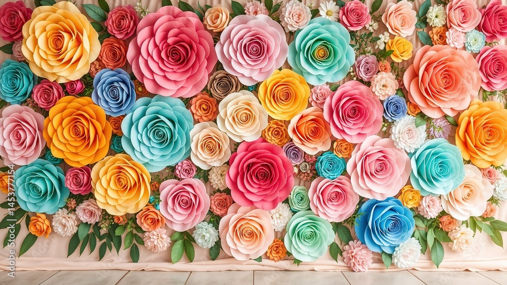 Colorful Paper Roses Backdrop for a Soft Wedding Reception