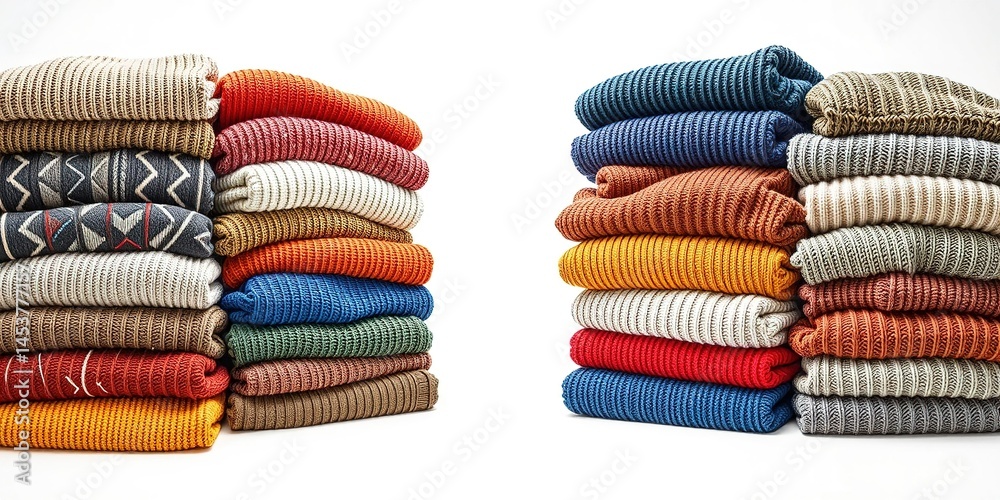Colorful Sweater Stack on White Background, Fashionable Style